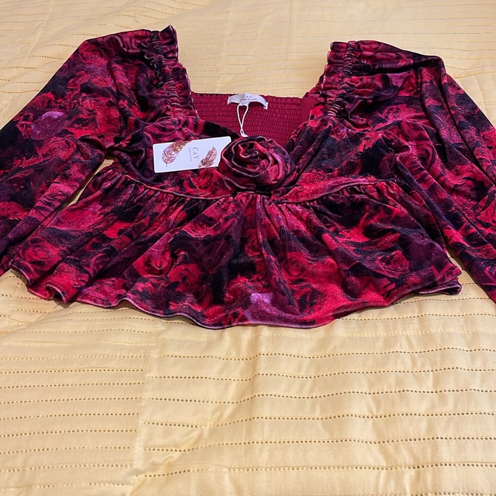 Elegant Red Velvet Women's Top - Picture 2 of 7